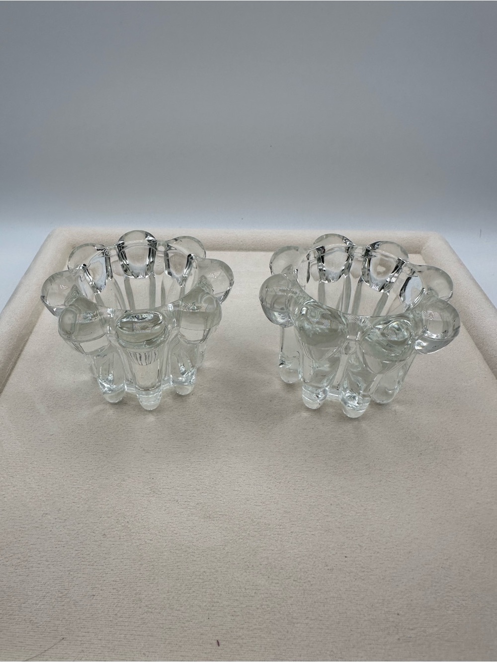 Vintage Clear Glass Flower Candle Holders Pair Pressed Glass Floral Decor